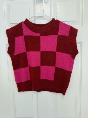 Vestique Checkerboard Knit Sleeveless Sweater Vest - Pink & Burgundy